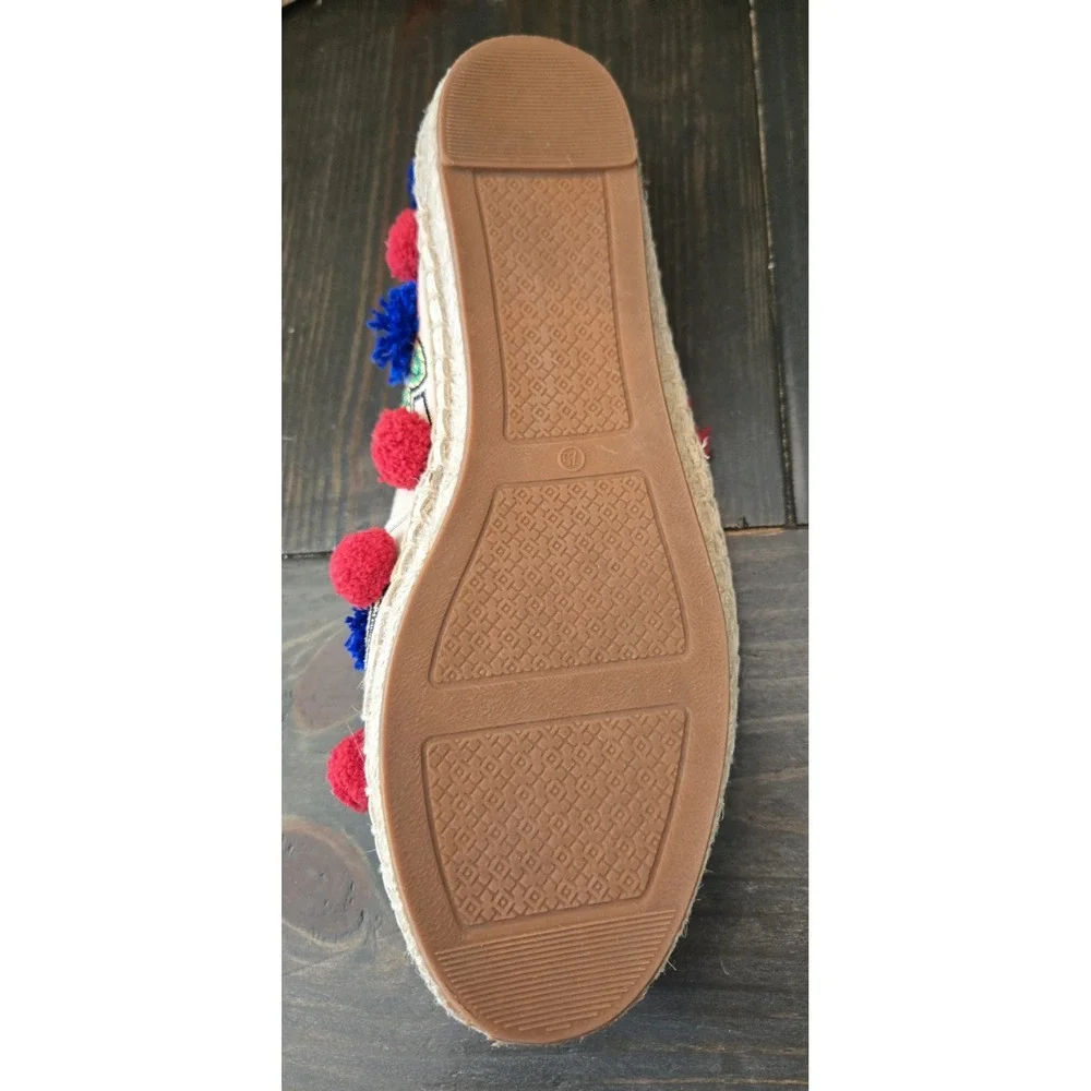 TORY BURCH Ellis‎ Pom-pom Embroidered Leather Textile Espadrille Flats 7.5 Shoes